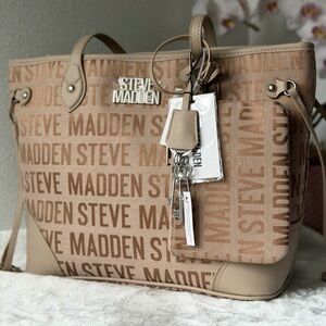 Steve Madden Tan jacquard tote bag key charm coin purse new